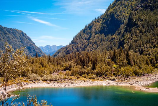 Summer panorama of Antrona Lake, a natural basin near the town of the same name, in the province of Verbano-Cusio-Ossola. It was created by a landslide on July 27, 1642, which destroyed the village.