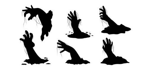 Fototapeta premium Collection of creepy zombie hands emerging from the ground. Black silhouettes isolated on white background. Perfect for Halloween decorations, horror posters, spooky invitations, haunted house designs