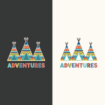 Tribal teepee tents with geometric patterns and the word Adventures on dark and light backgrounds tipi