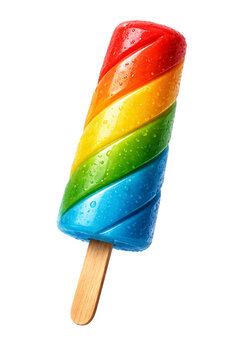 Rainbow swirl popsicle with water droplets on png transparent black