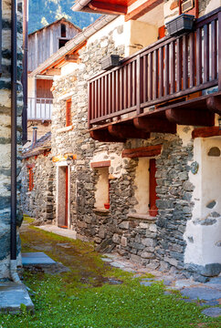 View of the village and the typical houses of the village of Rovesca, located in the Ossola mountains (an Alpine valley in Piedmont, Northern Italy, bordering Switzerland).