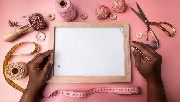 tailor feminine workplace frame accessories and tools for sewing on a pink background top view