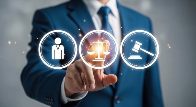 Lawyer touching digital legal icons in abstract office