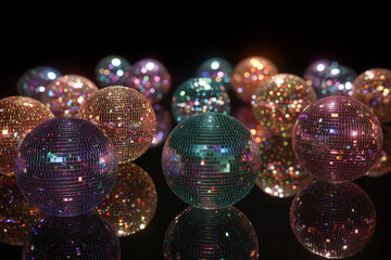 Colorful disco balls with blurred lights in the background. Night club party concept.