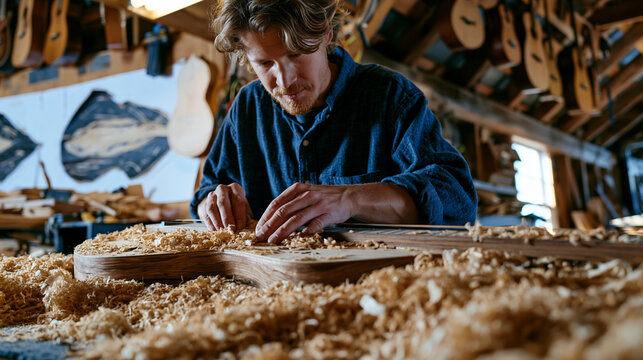 Appalachian dulcimer maker sanding instrument body in sunlit barn workshop, wood shavings curling across workbench, handdrawn templates pinned to wall behind, finished instruments hanging from rafte