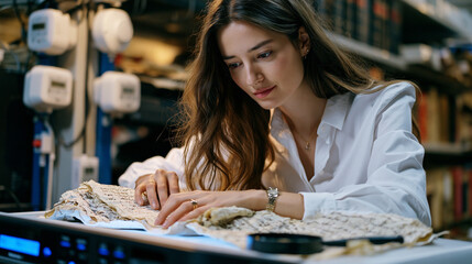 Fototapeta premium Archivist digitizing hand-annotated folk song manuscripts on flatbed scanner in university archive, magnifying glass resting beside brittle pages, humidity sensors mounted on wall behind shelving, c