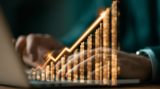 Hands typing on laptop with graph showing growth in business at office setting during work hours