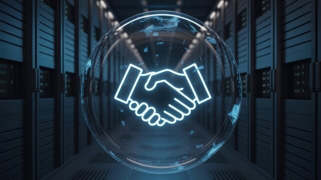 Futuristic digital handshake icon in a protective bubble in a server room