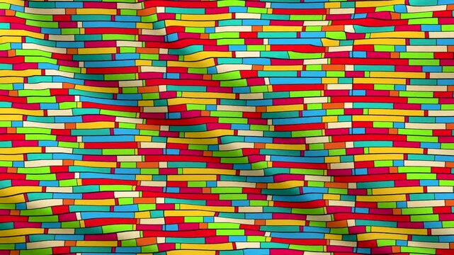 Bright abstract background animation featuring a colorful mosaic brick pattern waving like fabric. Vibrant seamless loop backdrop with dynamic fluid movement and realistic shadows.