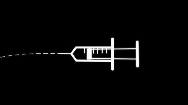 A simple white and black coronavirus immunization concept, showing a needle covering up a virus