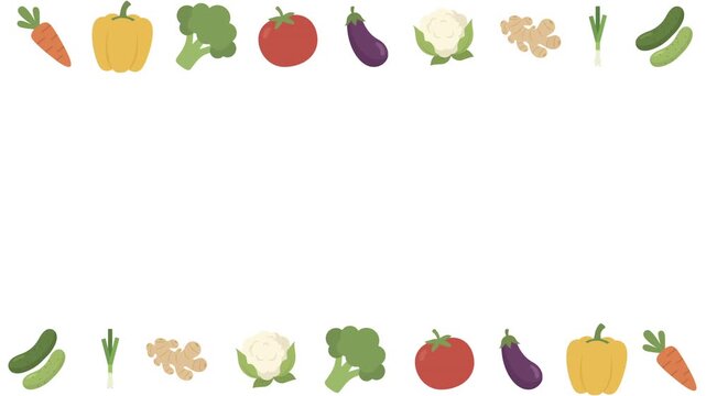 Colorful vegetables and fruits arranged in a border on a white background