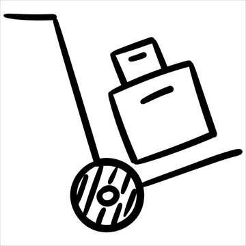 Hand truck transporting a box doodle style. Ideal for logistics, shipping, and delivery service designs.