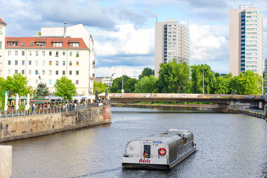 Berlin, Germany - June 7, 2026: Tourist cruise boat Adele sailing on Spree River in Berlin Germany