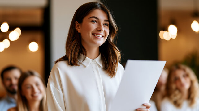 First presentation moment, young speaker holding paper, nervous excitement, supportive audience, encouragement, confidence building, positive feedback, warm indoor workshop atmosphere with soft bokeh.