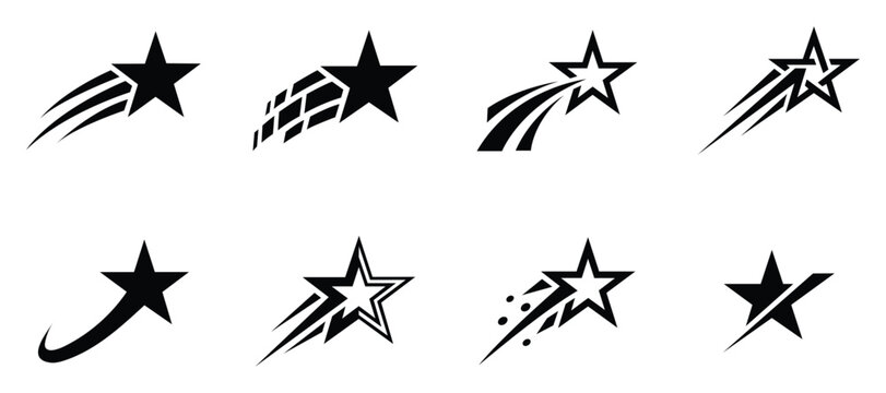 Set of dynamic shooting star icons, abstract comet and motion star logos