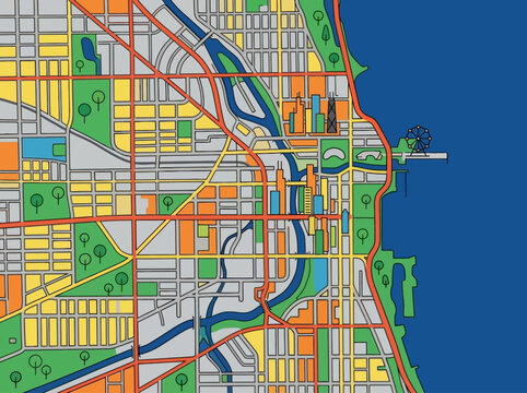 Chicago map vector with colorful city blocks and waterfront parks