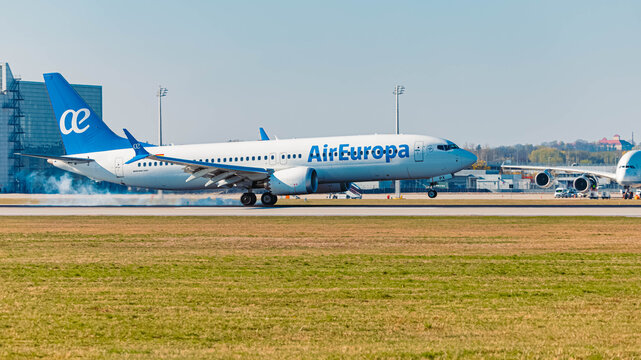 EC-OPX Air Europa Boeing 737 MAX passenger jet airplane touchdown with smoking tires on a sunny spring day at Munich airport, MUC, Freising, Bavaria, Germany