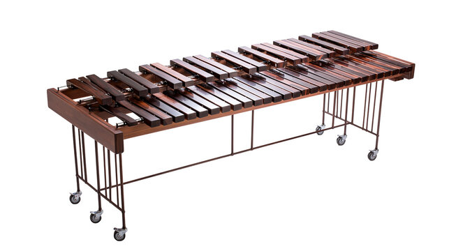 Wooden marimba musical instrument with metal frame and wheels
