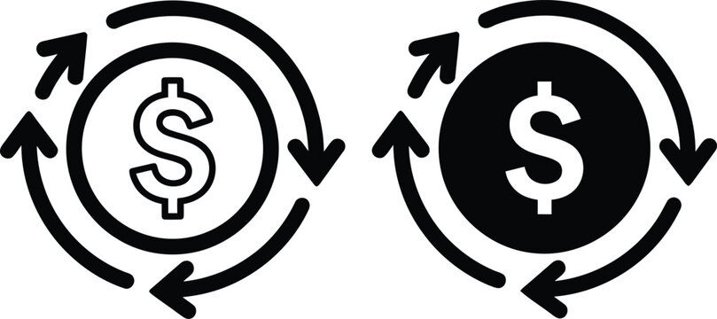 Two money exchange icons showing a dollar sign coin surrounded by circular arrows, one with an outlined coin and the other with a solid black coin design.