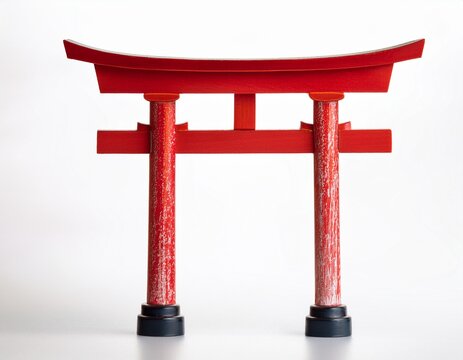 antique japanese torii shrine gate miniature made of aged wood with traditional faded red paint front view straight on composition isolated on a clean white background symbol of japanese culture