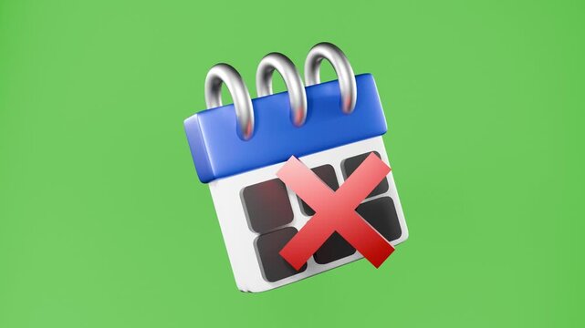3D Calendar Icon with Red Cross Mark on Green Screen Background for Cancelled Appointment Concept