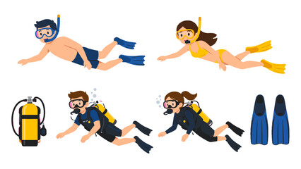 Snorkeling and scuba diving characters with fins and tank set © Mark