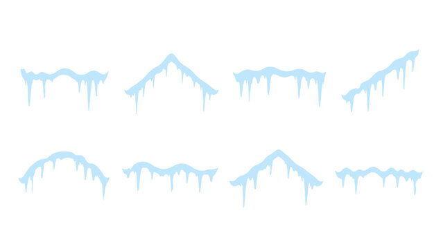 Set of snowy roof edges with icicles in blue vector style