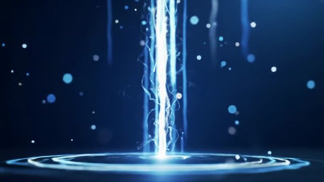 Luminous, abstract energy streaks and dynamic particles in white, blue, orange, yellow ascend from a sleek, dark launch platform against a deep gradient digital cosmos. Static low wide angle video