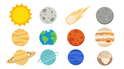 Cartoon solar system icons with planets sun moon and meteor © Mark