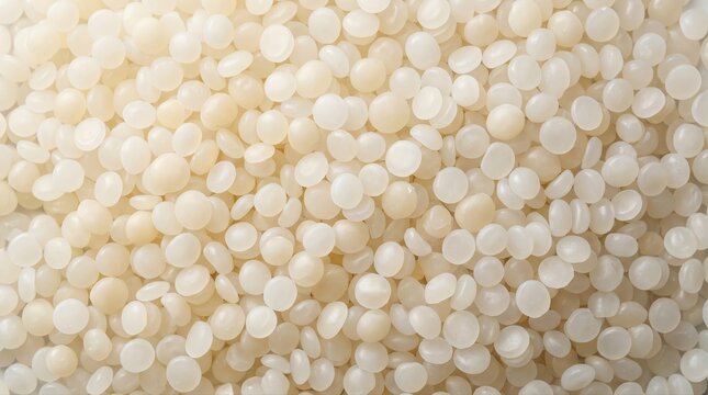 White plastic polymer pellets background texture showing uniform circular resin granules used in industrial manufacturing processes for injection molding production