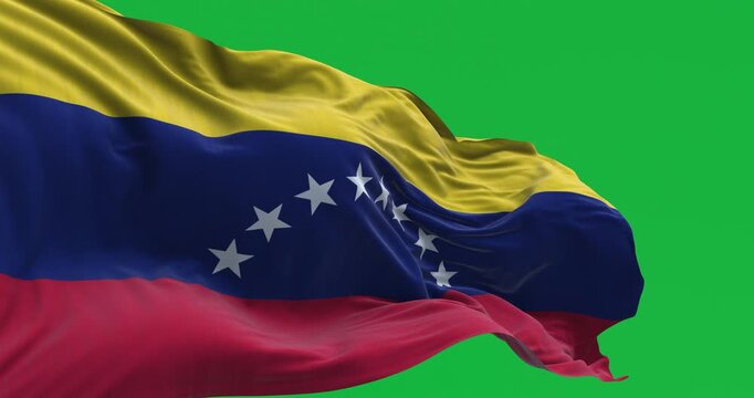 Close-up of Venezuela national flag waving isolated on green background