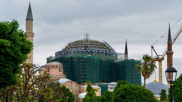 Istanbul, Turkey - June 13, 2026: View of Hagia Sophia Mosque in Istanbul, Turkey, covered with scaffolding for restoration work.