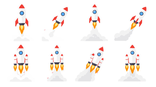 Set of cartoon rocket launch illustrations in different poses
