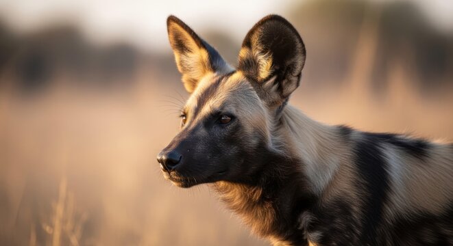 Close up of an African Wild Dog, Lycaon pictus, in a golden light. Portrait of wild animal in its natural habitat.