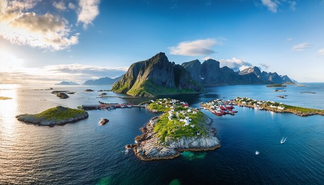 aerial drone view of henningsvaer village in lofoten islands norway scenic summer landscape with mountains islands and ocean scenic view travel and arctic nature in scandinavia