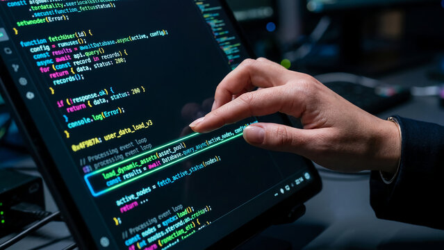 Software developer using a tablet to review and debug computer code in a dark office.