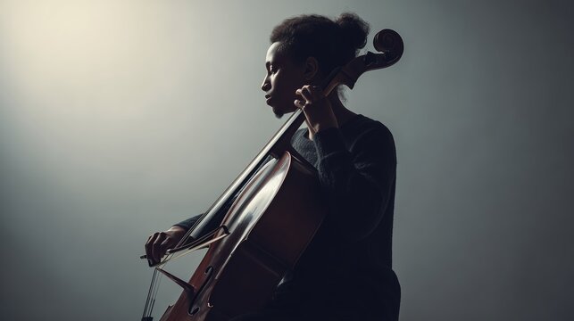 A black man plays the cello in profile