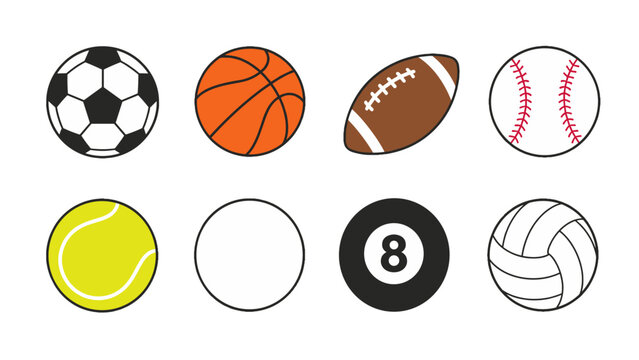 Set of eight sports ball icons on white background