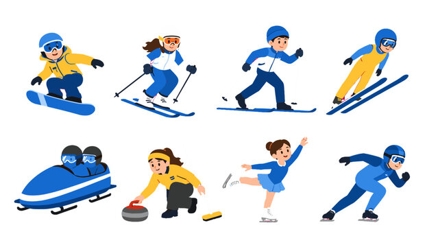 Winter sports set with skiers, snowboarder, skaters and bobsled