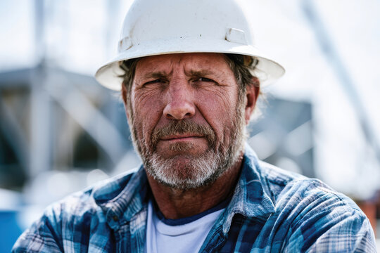 A determined man sporting a checked shirt and hard hat gazes intensely at the viewer, embodying hard work and dedication in the construction field.