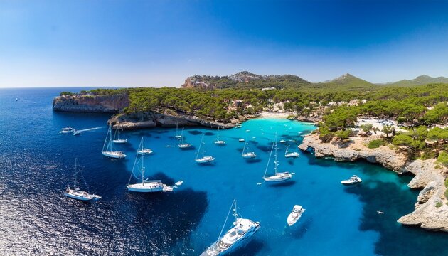 aerial view of luxury yachts and boats anchored in azure bay with crystal clear water on the coast of mallorca spain scenic mediterranean landscape during a bright sunny summer day
