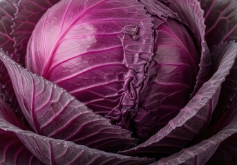 Obraz premium A close-up view of a vibrant red cabbage, showcasing its intricate purple patterns, natural textures, and organic layers in soft light, plant, macro, leaves