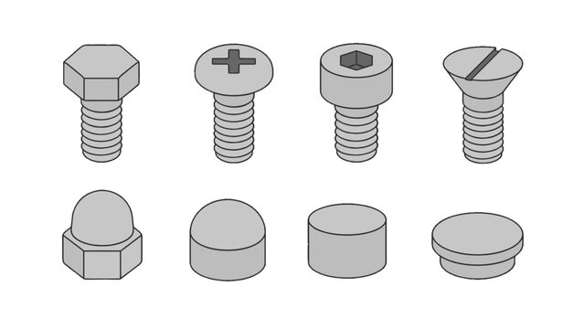 Set of screw and cap fastener types in simple vector style