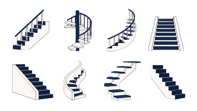 Set of staircase and spiral stair illustrations in outline style