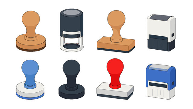 Set of assorted rubber stamp icons in isometric vector style