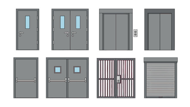 Set of industrial doors, elevator, gate and roller shutter