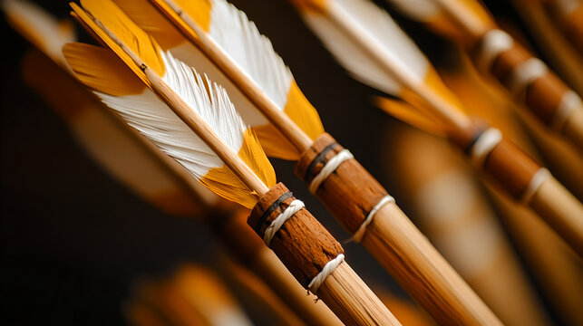 Closeup of traditional wooden arrows with white and yellow fletching