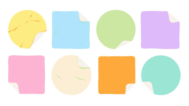 Set of colorful crumpled sticky notes in round and square shapes