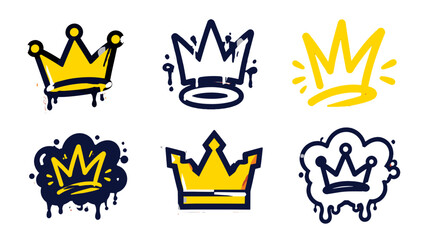 Set of six hand drawn crown graffiti icons in yellow and black © Mark