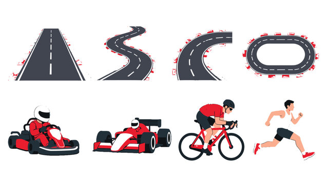 Racing track segments with kart, formula car, cyclist and runner